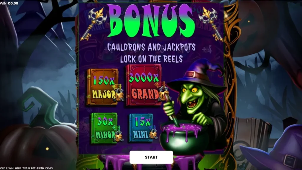 Witches’ Fortune: Hold & Win স্লট গেমের জাদুকরী ইন্টারফেস এবং কউলড্রন বোনাস ফিচার